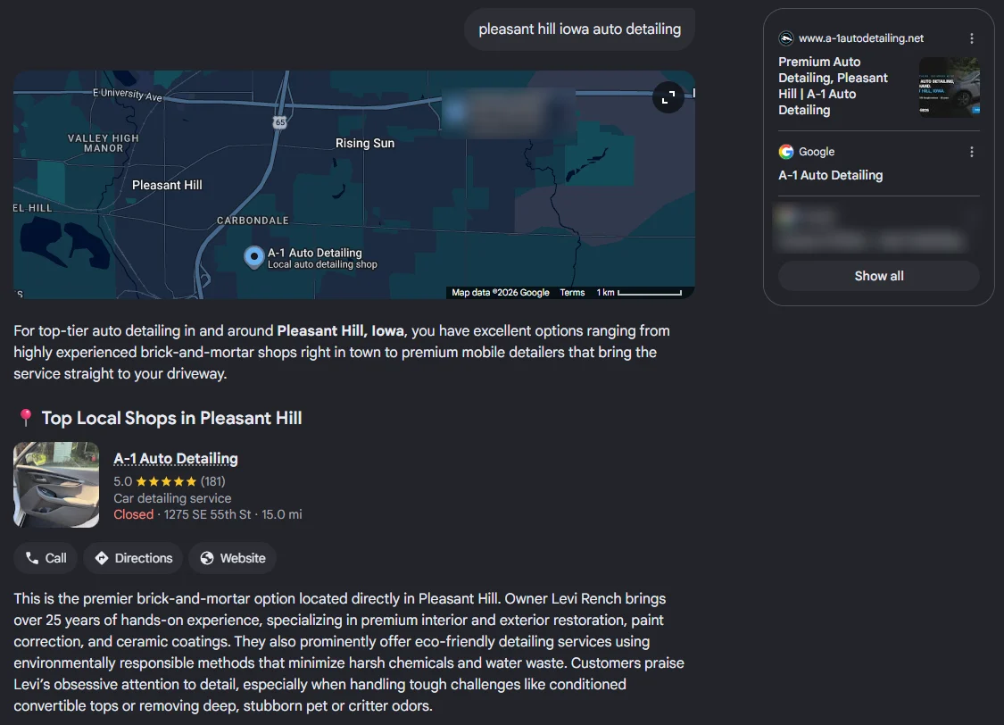Google AI Mode answer for “pleasant hill iowa auto detailing”: A-1 Auto Detailing is the first shop recommended, 5.0 stars from 181 reviews, described as the premier option in Pleasant Hill, with its website cited first.