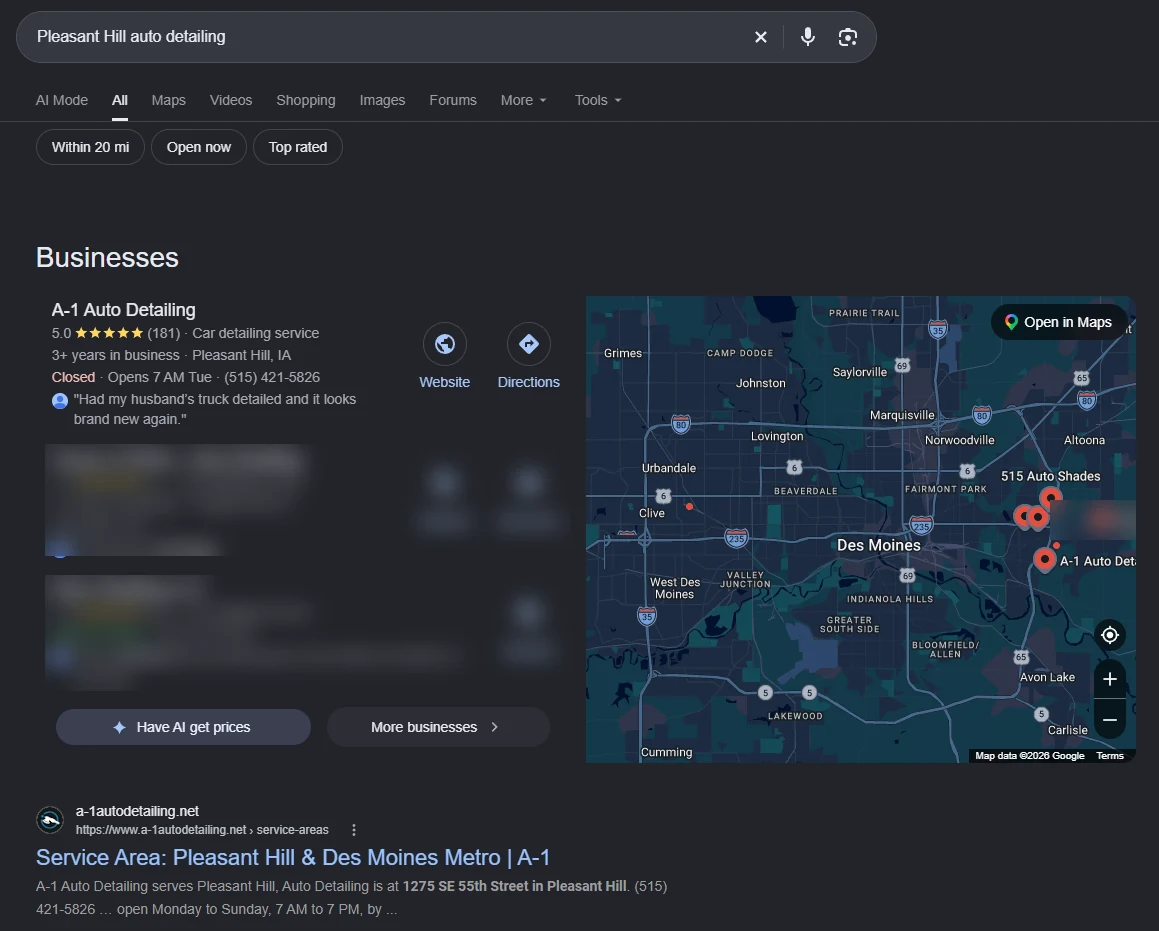 Google results for “Pleasant Hill auto detailing”: A-1 Auto Detailing is first in the map listings with a 5.0 rating from 181 reviews and first in the search results.