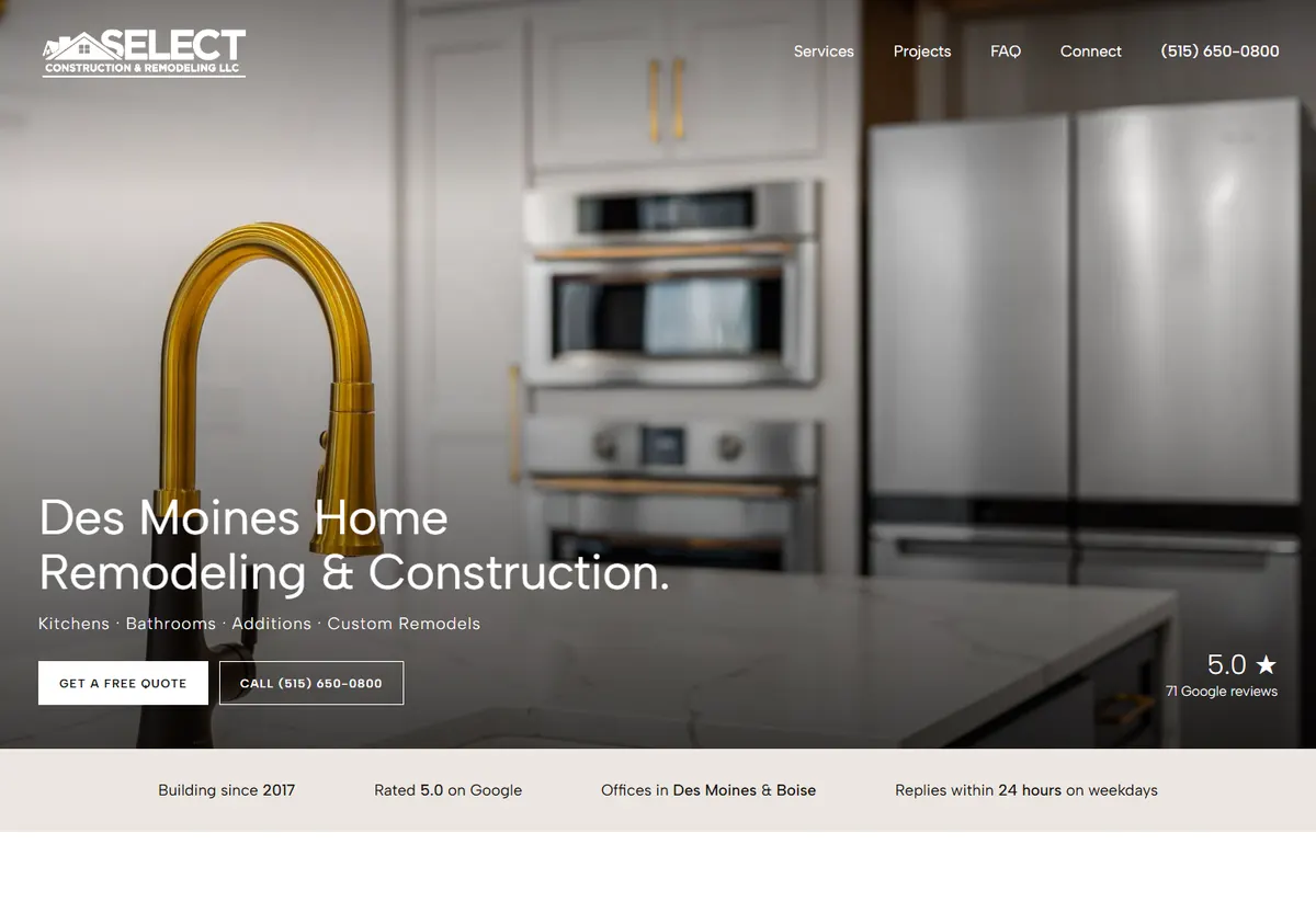Select Construction & Remodeling website homepage